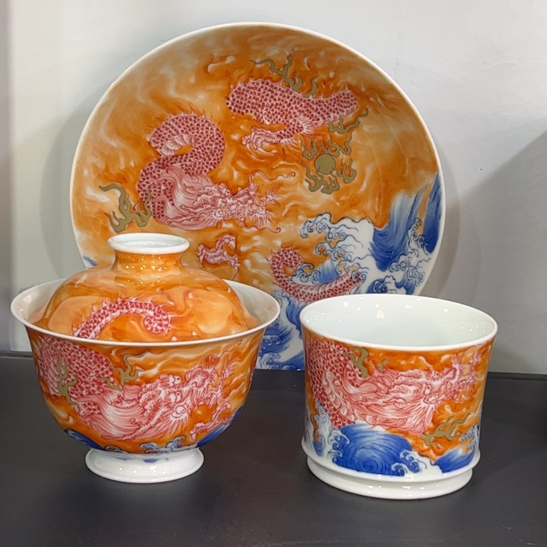 青花矾红错金银苍龙出海三件套 可拆分