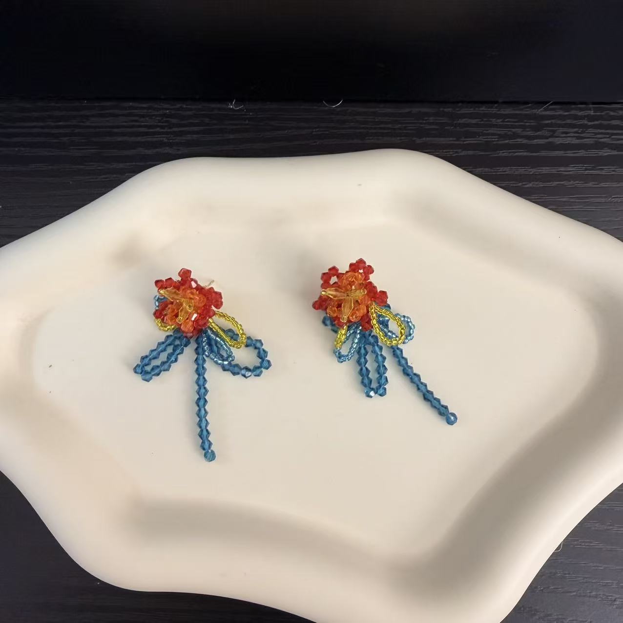 非金属布艺耳饰 植物花卉女复古风日韩拼色耳钉手作气质烧蓝时尚