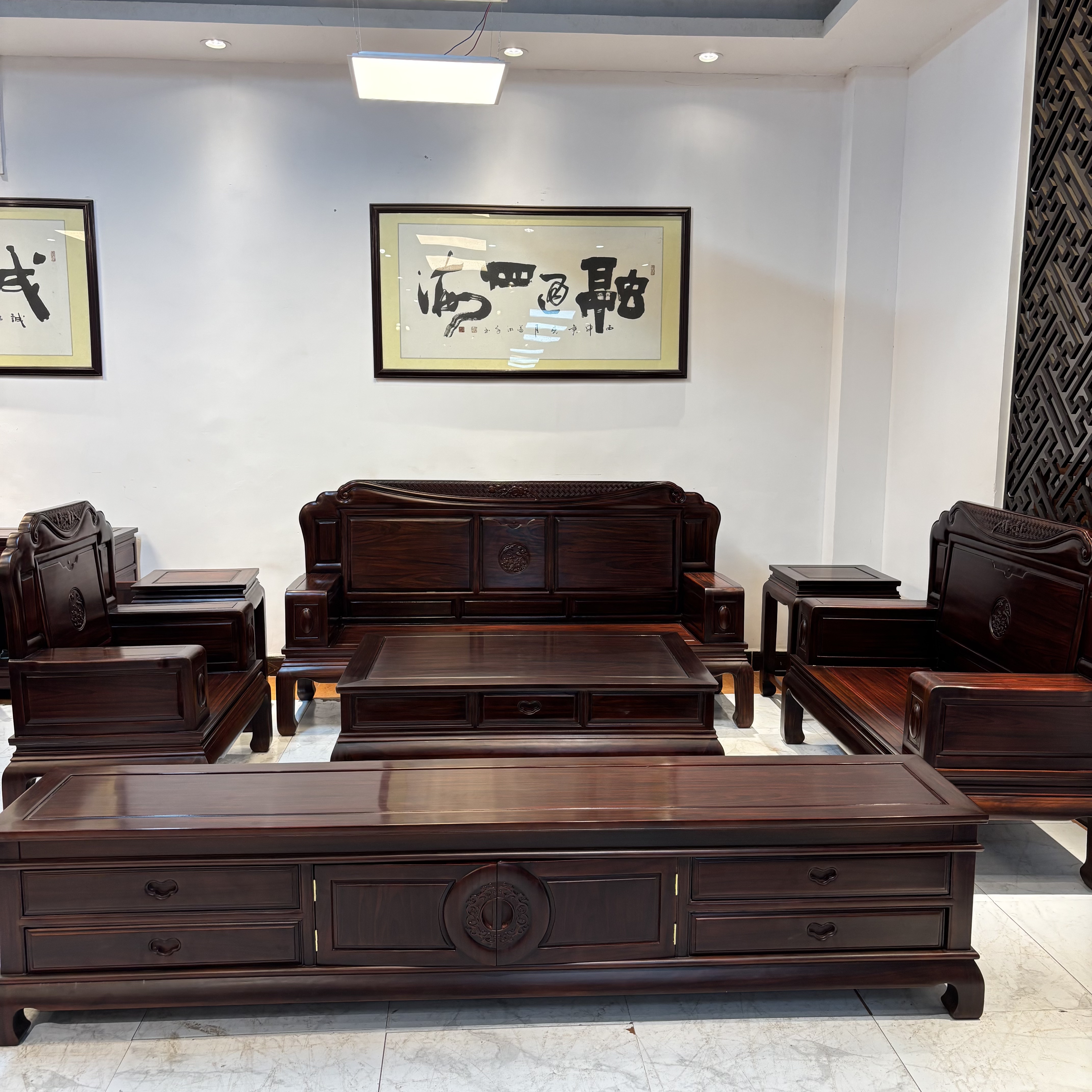 盛世万代123六件套实木全套沙发实木家具新中式客厅古典雕花茶几