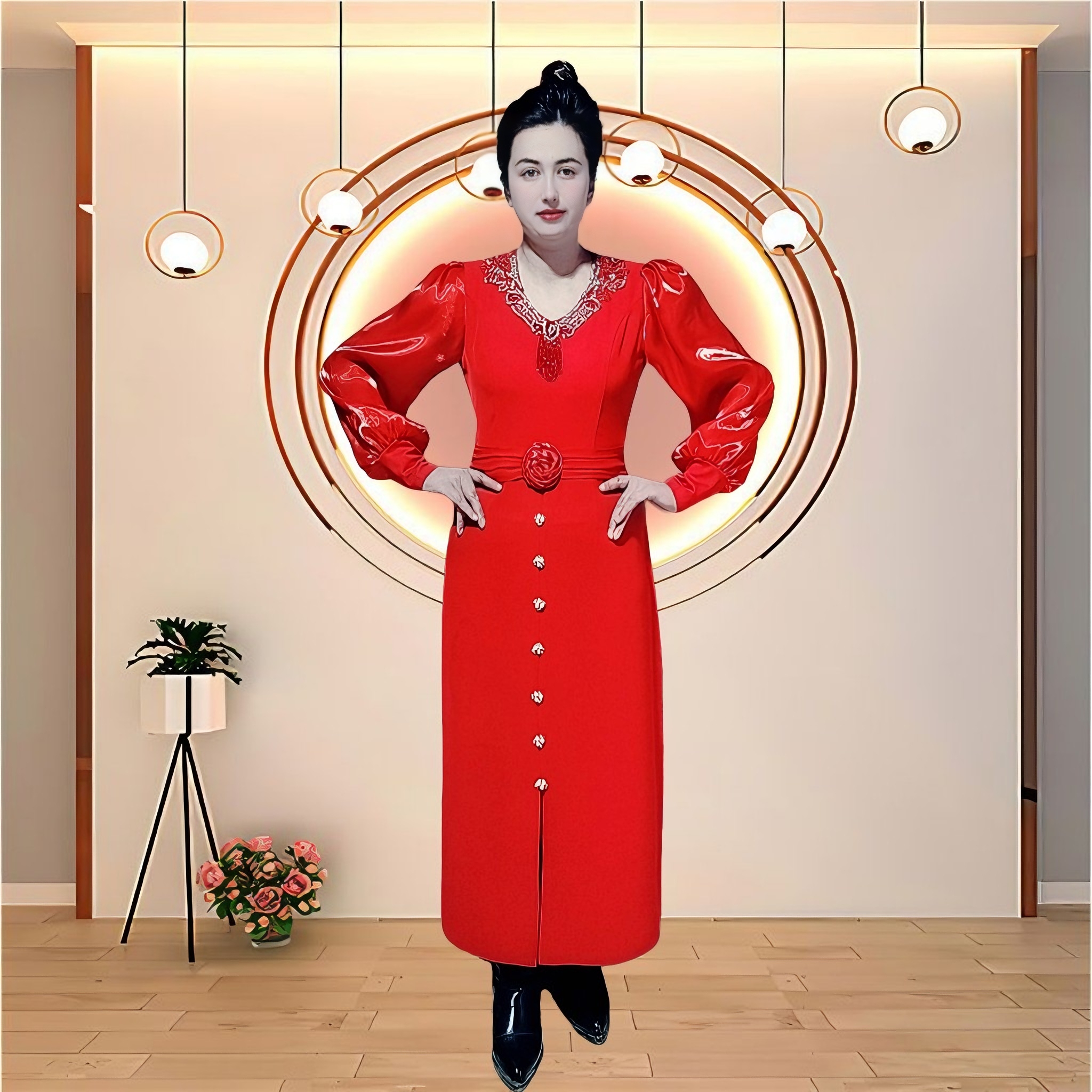 秋冬长袖重工拼接收腰显瘦气质法式高级连衣裙