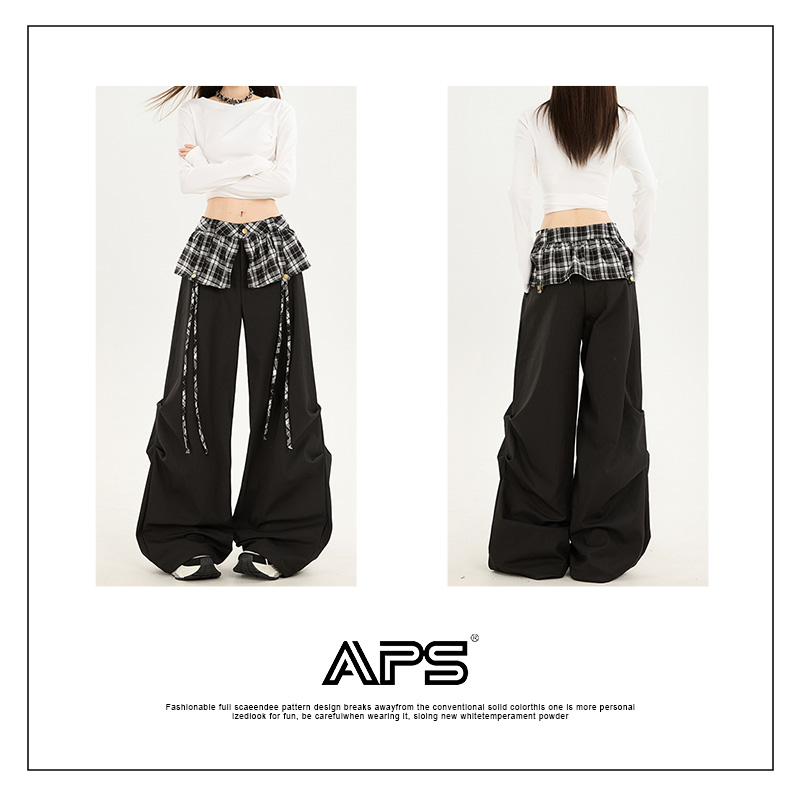 APS美式辣妹黑色格子拼接休闲裤女秋冬慵懒风高腰百搭阔腿工装裤