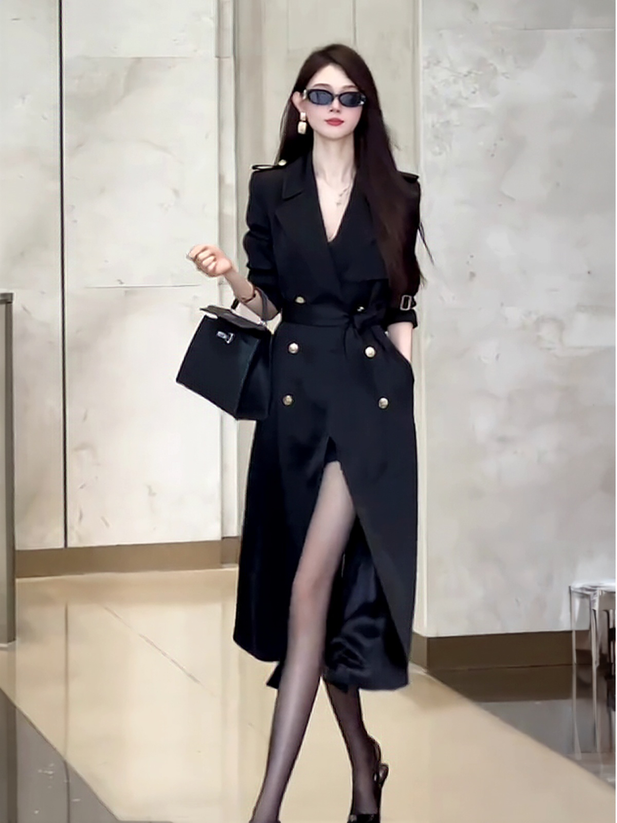 2025春秋季新款气质收腰显瘦翻领系带双排扣长袖中长款风衣外套女