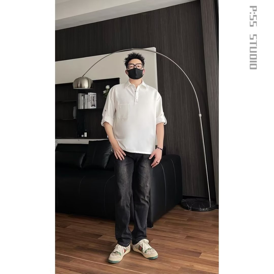 027-春夏男士复古白色古巴领长袖衬衫纯色休闲简约宽松时尚