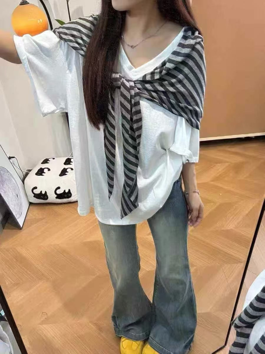 夏季新款纯色韩系休闲百搭简约宽松披肩短袖