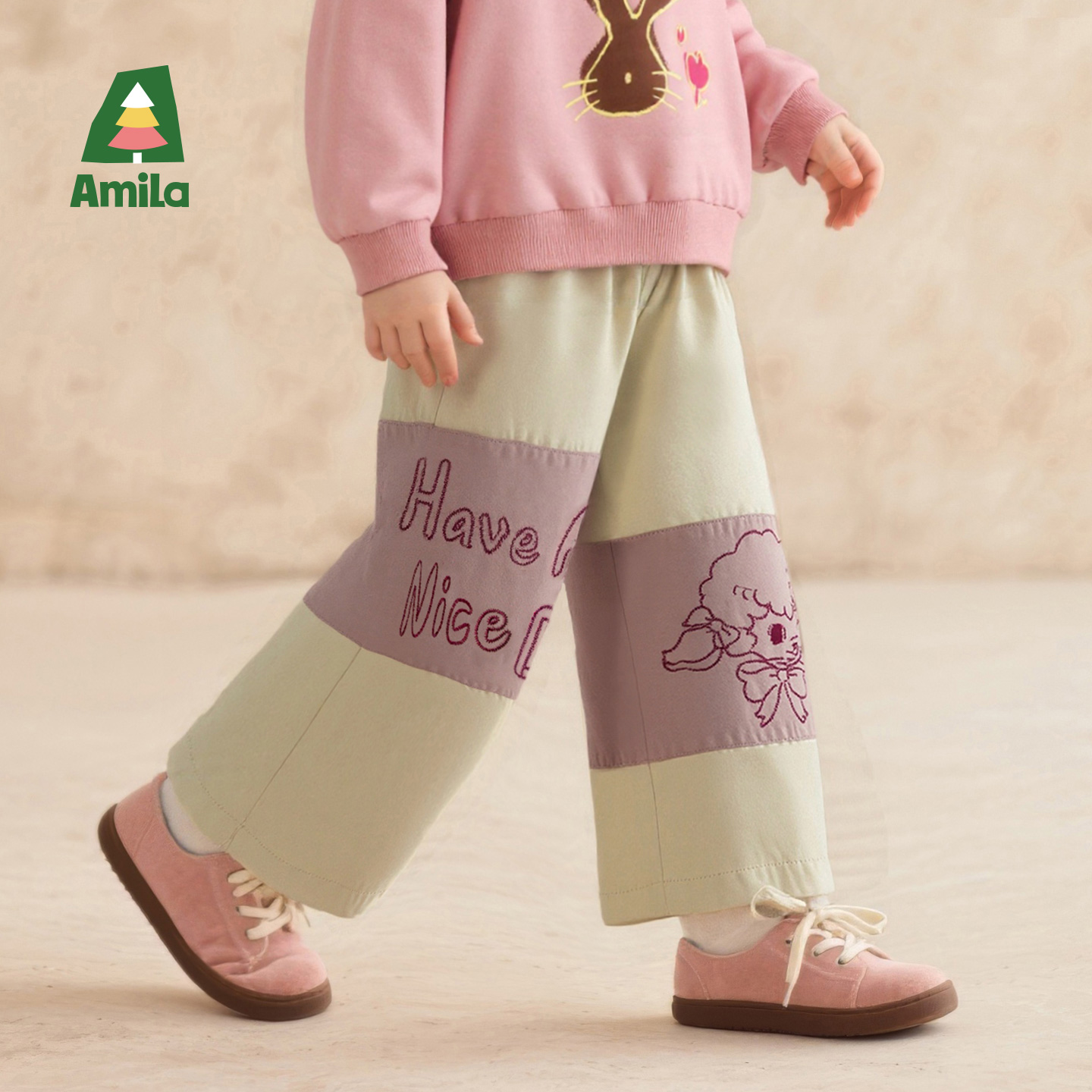 Amila秋装刺绣时髦个性纯棉裤子2025新款儿童洋气裤子XQ5SK486