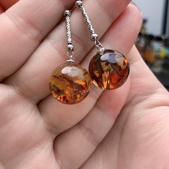 琥珀裸石银S925镶嵌耳坠