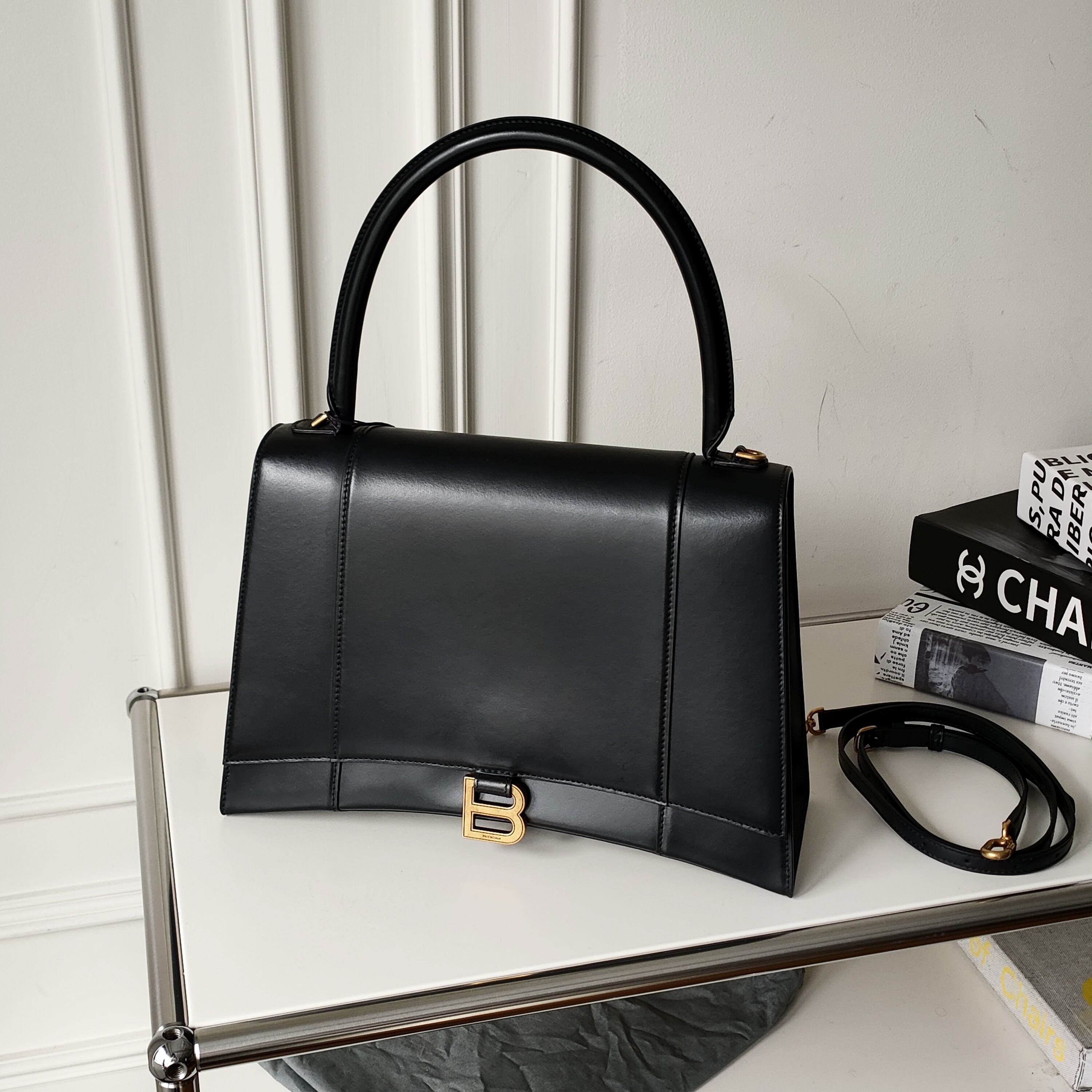 95新 Balenciaga/巴黎世家 Azul黑金牛皮沙漏中号手提单肩包40758