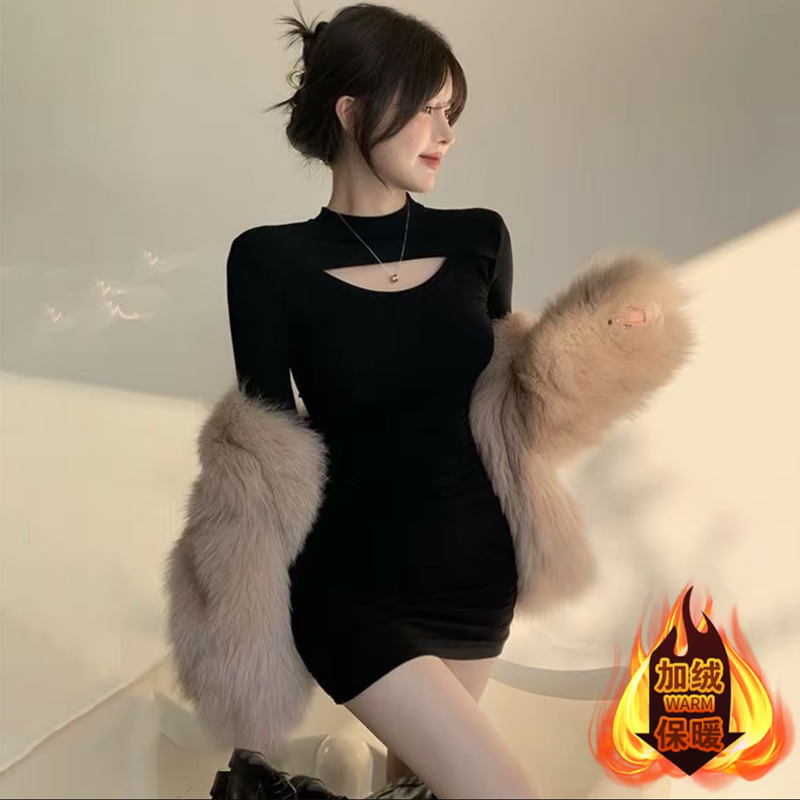 【送运费险】加绒加厚纯欲风修身包臀裙显瘦遮肉镂空长袖打底连衣裙