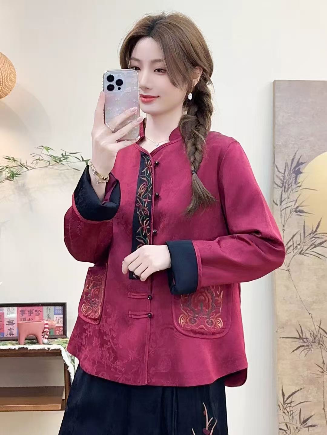 2025新款外套新中式国风刺绣花对襟上衣盘扣女宽松显瘦百搭女