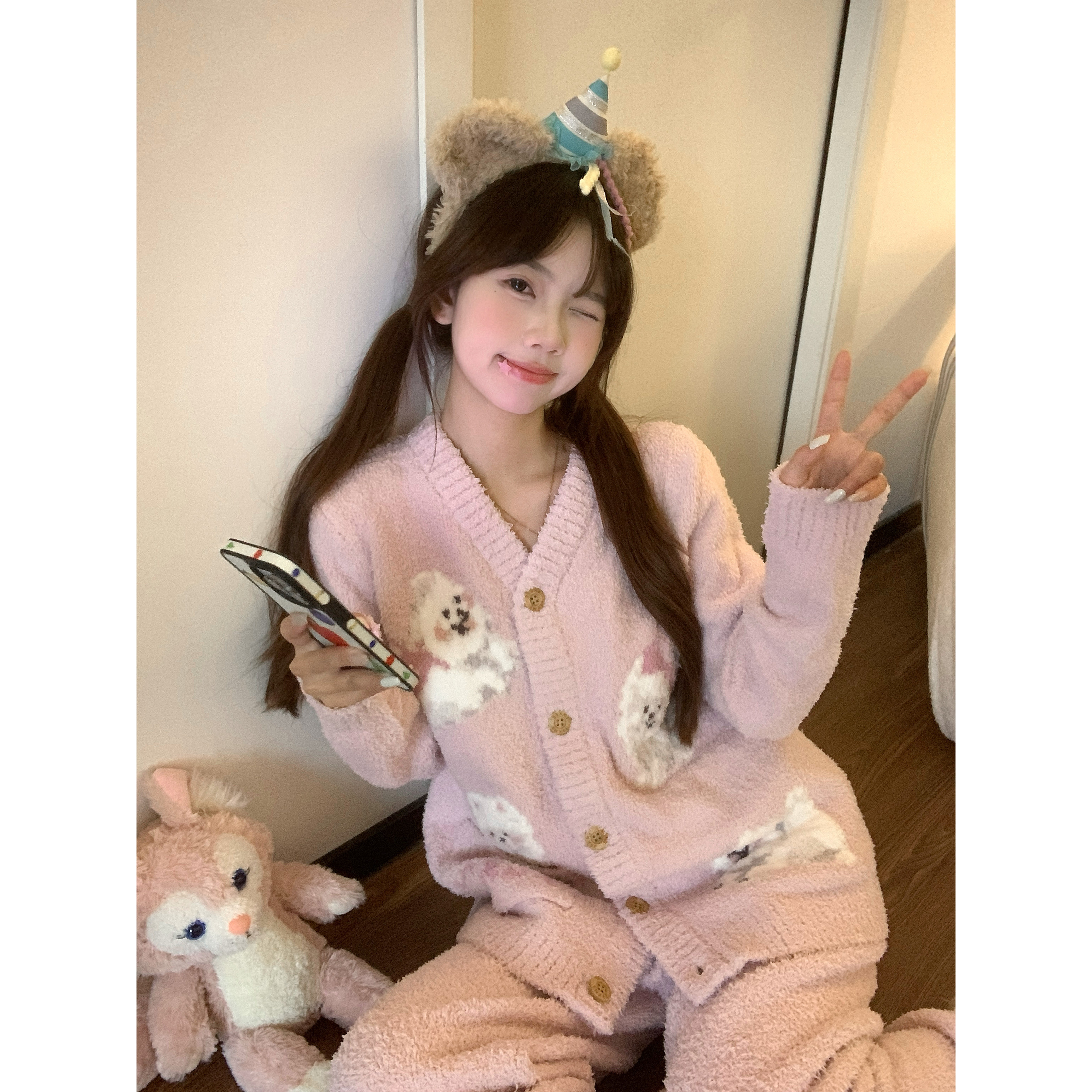 可爱卡通小狗加绒加厚半边绒睡衣女冬季保暖新款家居服套装可外穿