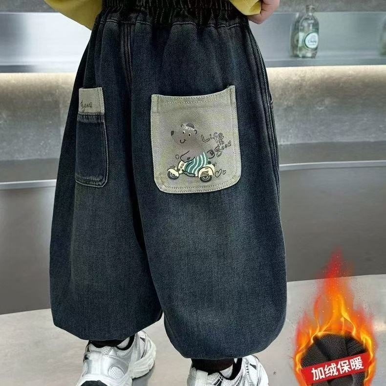 2025冬季儿童宽松卡通印花男女童老爹保暖一体绒牛仔裤Q21