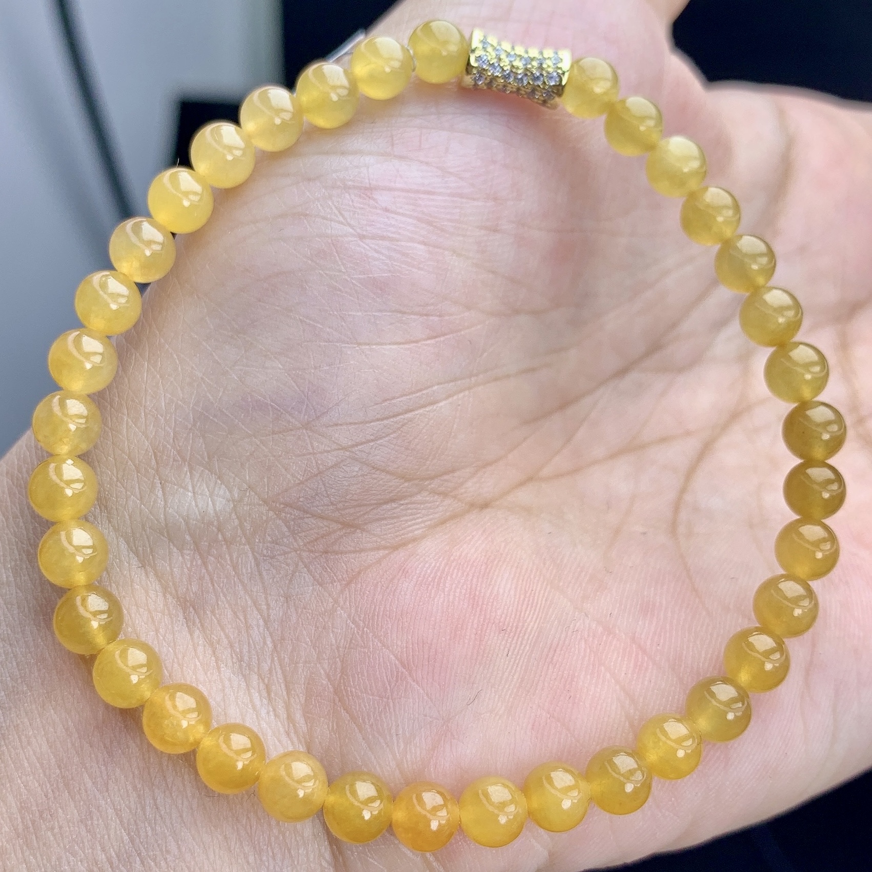 缅甸A货翡翠鸡油黄色圆珠手链手串单圈T卡5mm