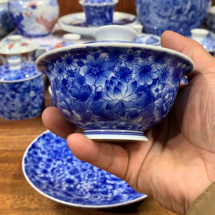 柴窑青花万花盖碗