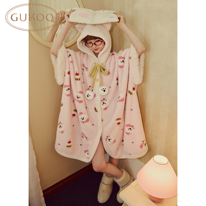 Gukoo/果壳冬季小熊连帽卡通加绒可爱家居服睡衣斗篷