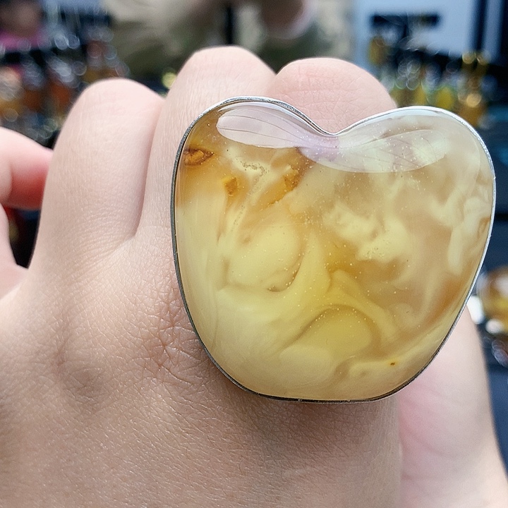 琥珀裸石银S925镶嵌戒指