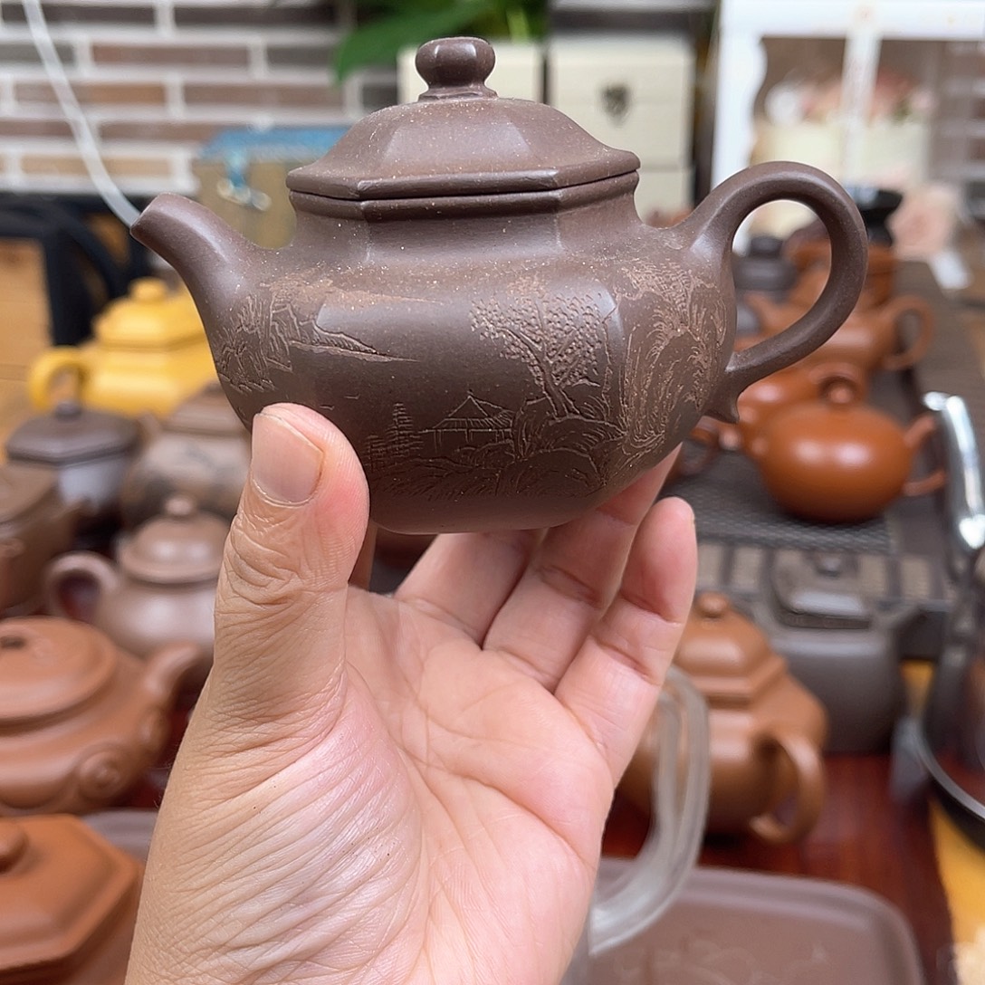 茶壶紫砂六方仿古清灰紫泥160毫升微微瑕