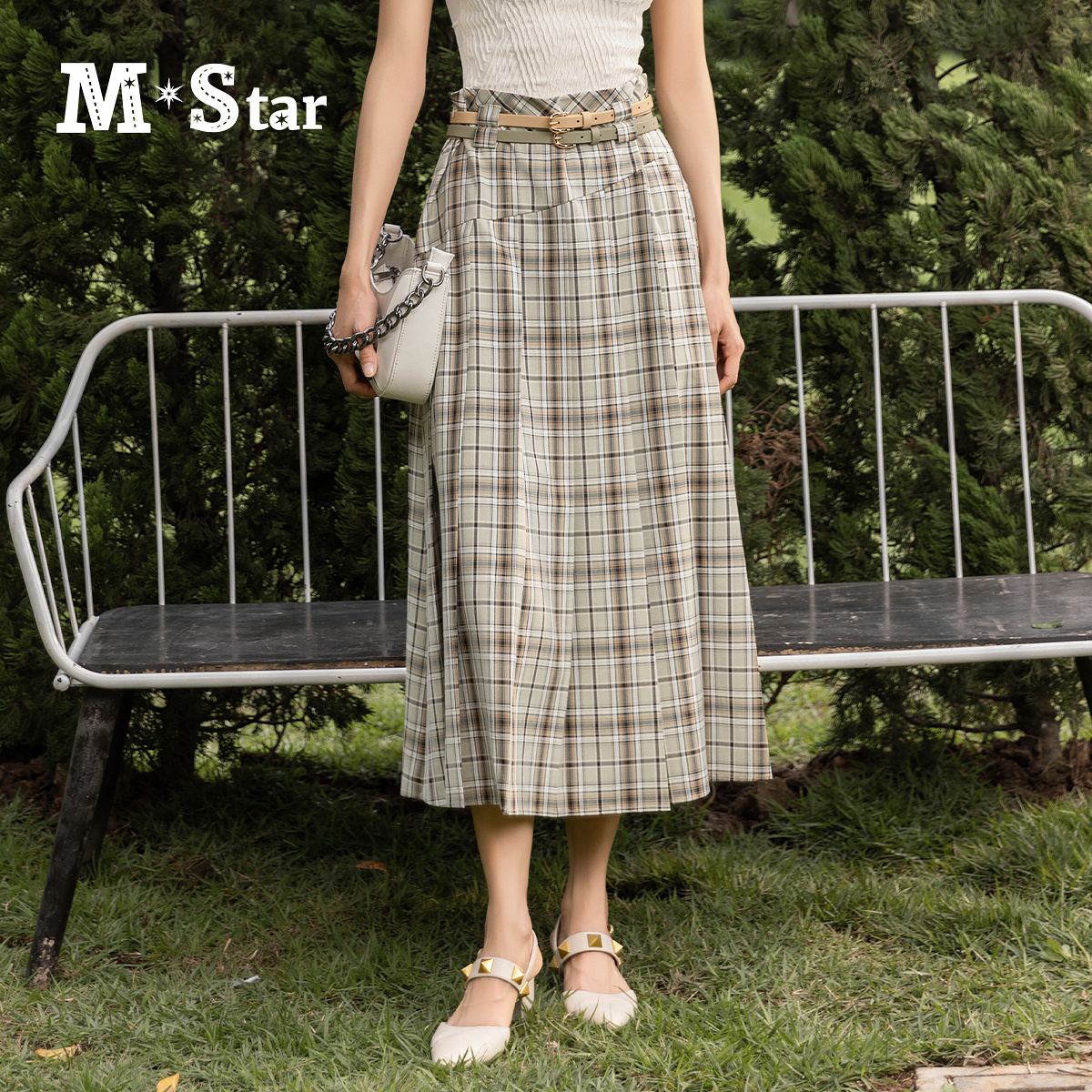 M-Star夏季新款复古气质百褶格子半截裙女高腰SFEQ121812