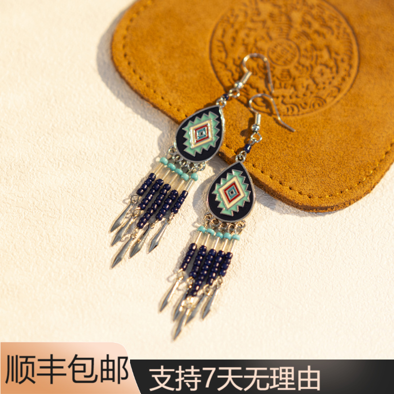S35旅行拼色波西米亚民族风日韩烧蓝灵动古典菱形耳饰
