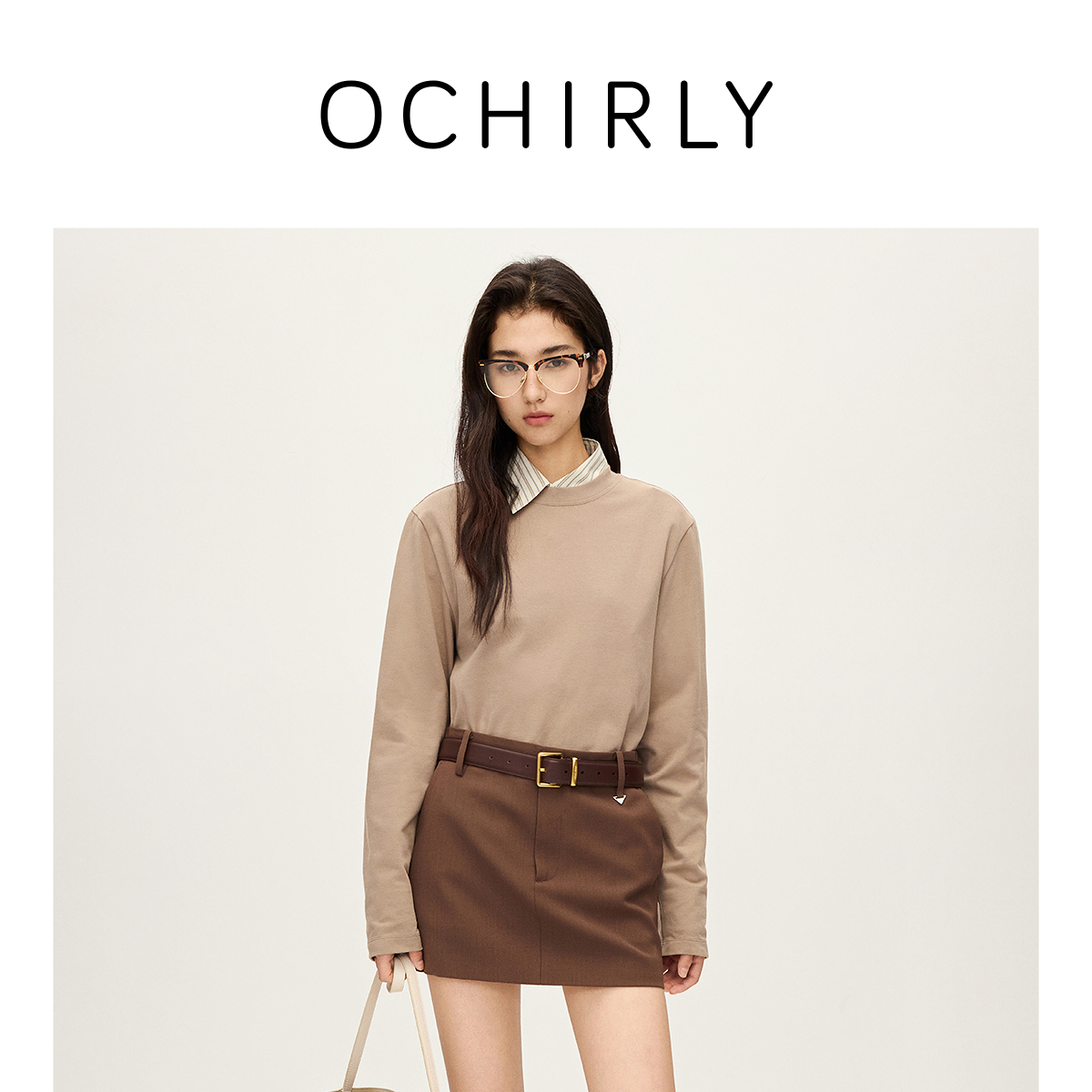 OCHIRLY欧时力 100%棉长袖t恤女上衣纯色气质高级2024秋冬新品