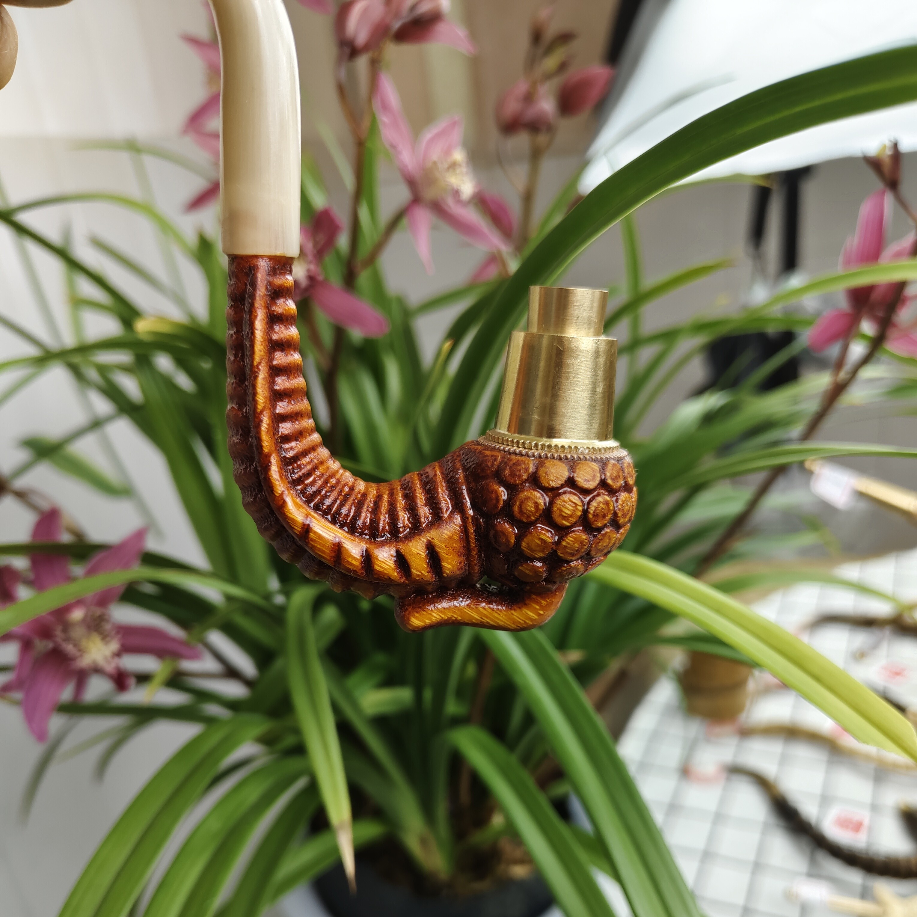 贵州民间实心竹雕刻烟斗一弯一体翅膀14公分左右牛角嘴