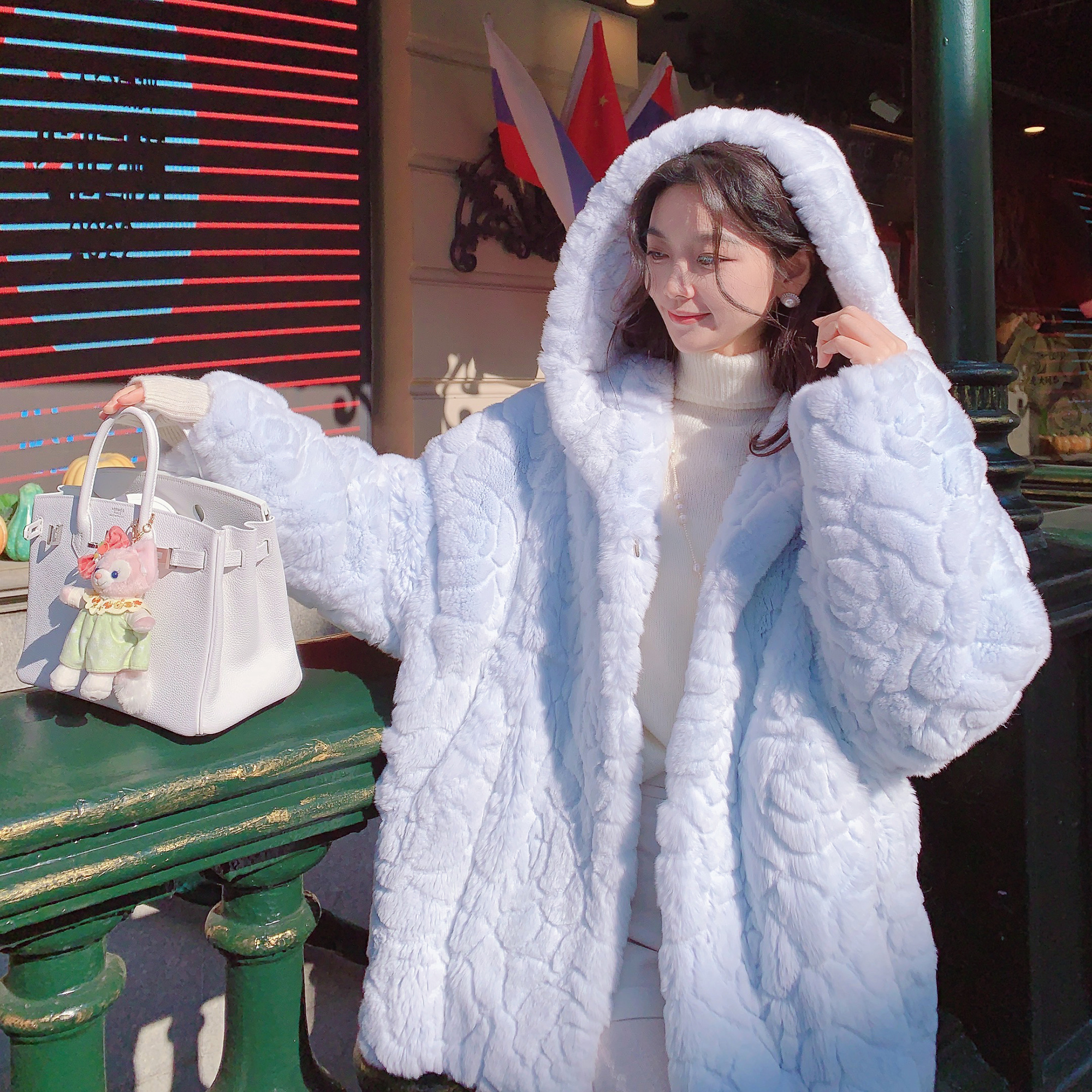 MissLuxury【北欧冰川】进口獭兔毛皮草连帽外套女冬保暖财阀千金