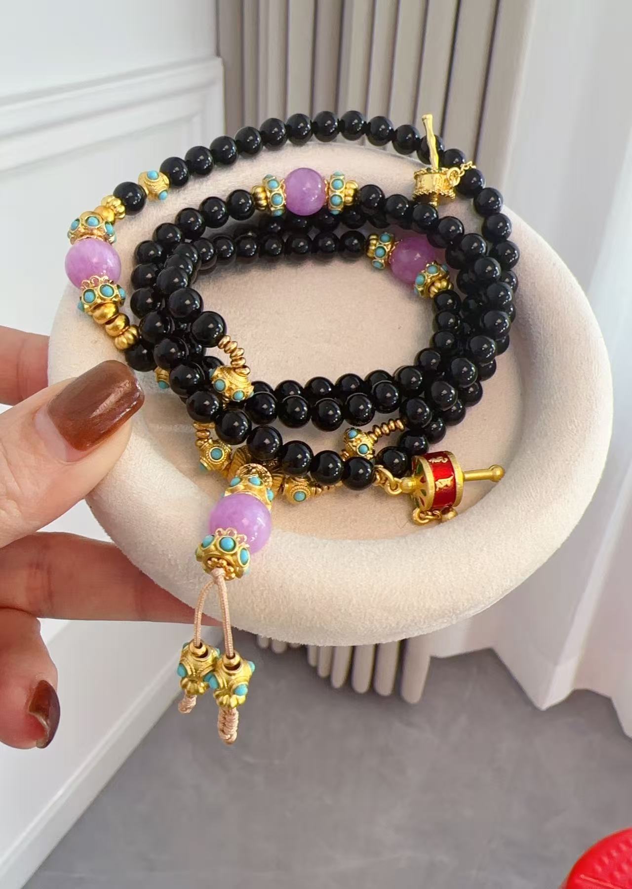 铜合金珐琅手链 SQ思岐新中式-108颗黑石经轮紫珠手链6273