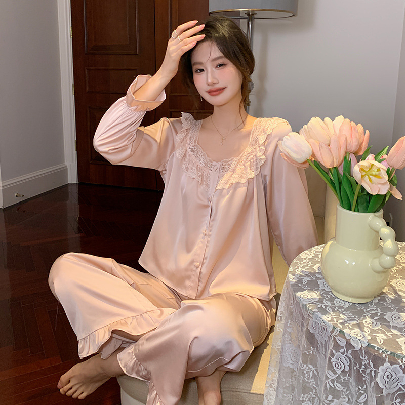 【轻甜少女】柔光软丝长袖家居服高腰显瘦春秋显高显白睡衣女