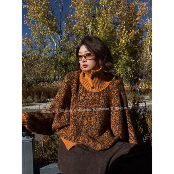 S1 ForMs 出街私服 慵懒风撞色针织高领毛衣女冬季显瘦开衫外套