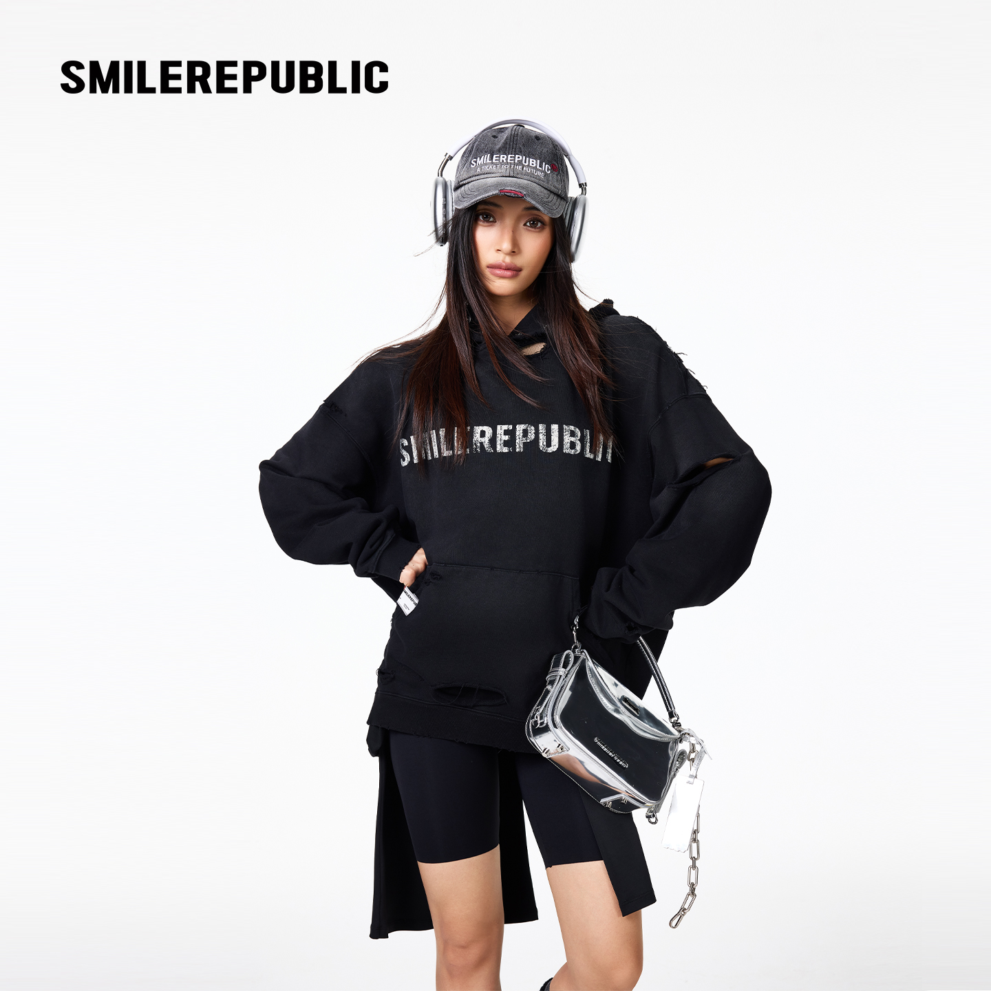 【李宏毅同款】smilerepublic 做旧破坏印花连帽卫衣休闲宽松长袖