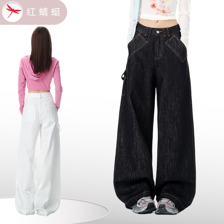 红蜻蜓秋季老钱风2025裤子网红款高腰遮肉显瘦阔腿版型牛仔裤子CY