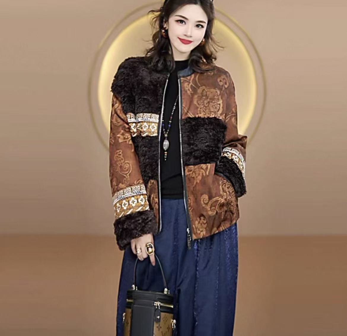 暮色古堡~新中式国风复古印花织锦提花蚕丝棉外套JS02