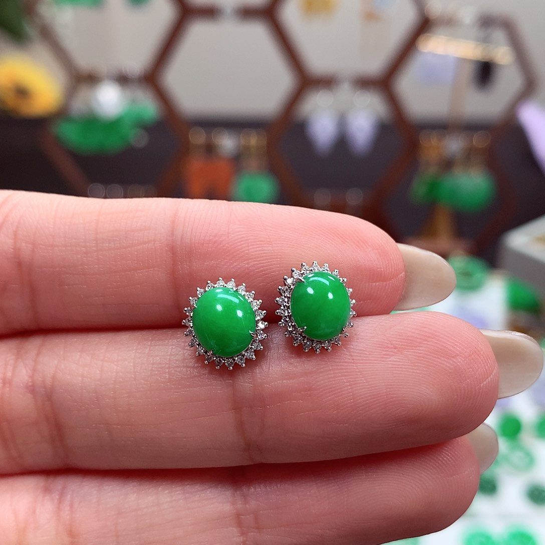 翡翠耳饰18K金镶嵌天然翡翠