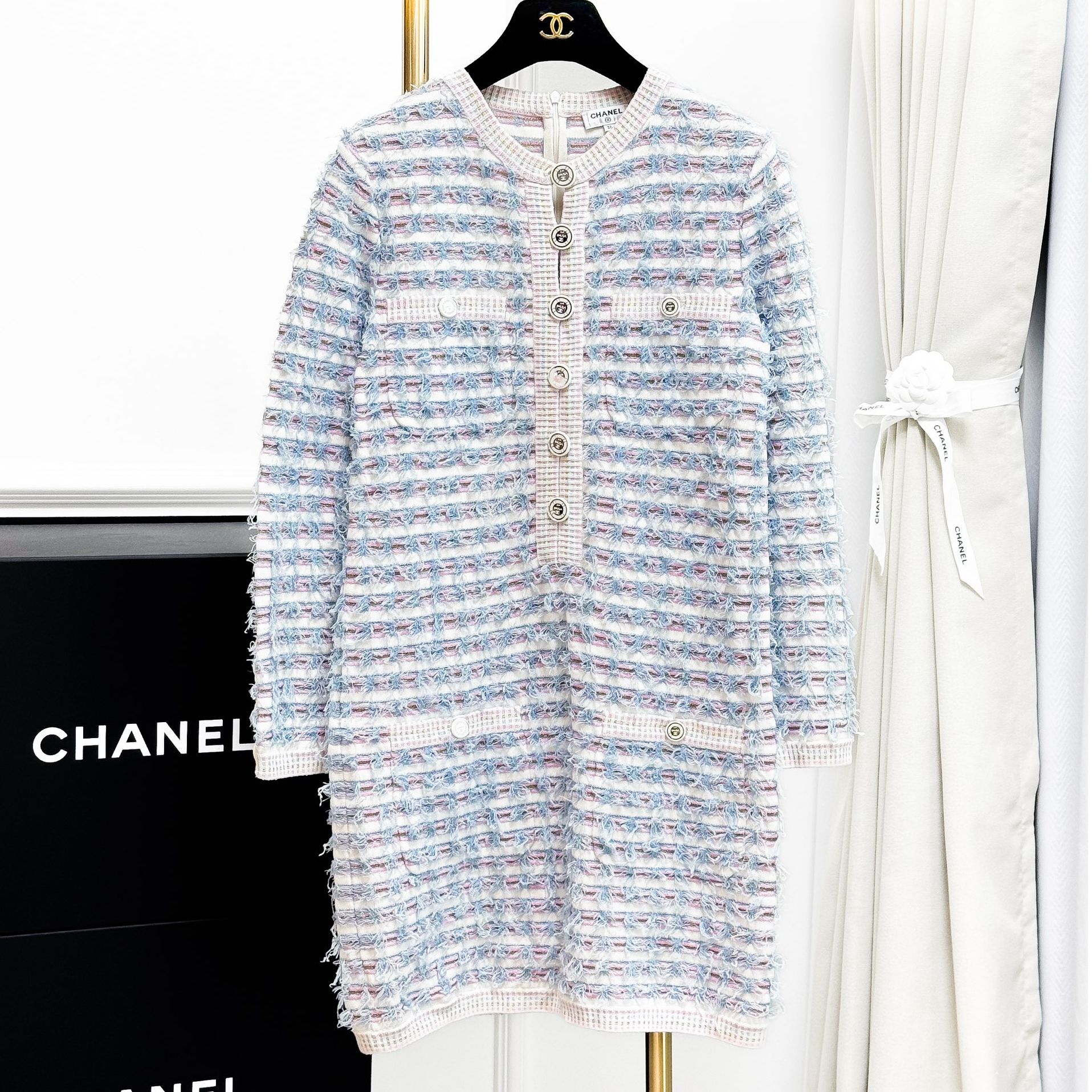 99新 Chanel/香奈儿 36码白拼紫横条纹 长袖 针织 连衣裙