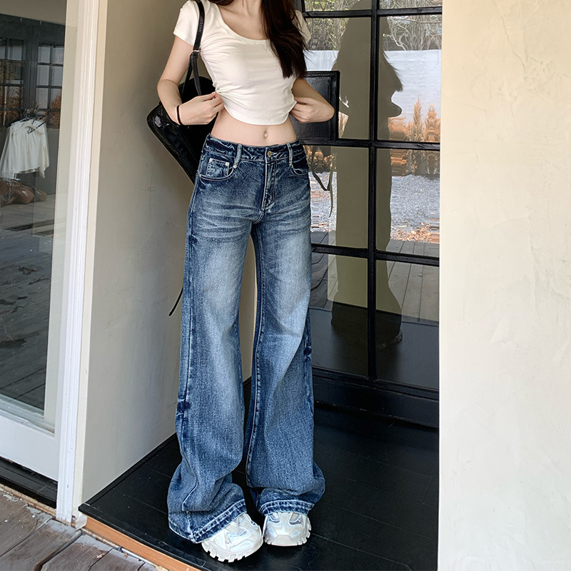 【加绒加厚】新品秋冬季女褶皱牛仔裤梨形身材直筒裤裤子设计感微喇