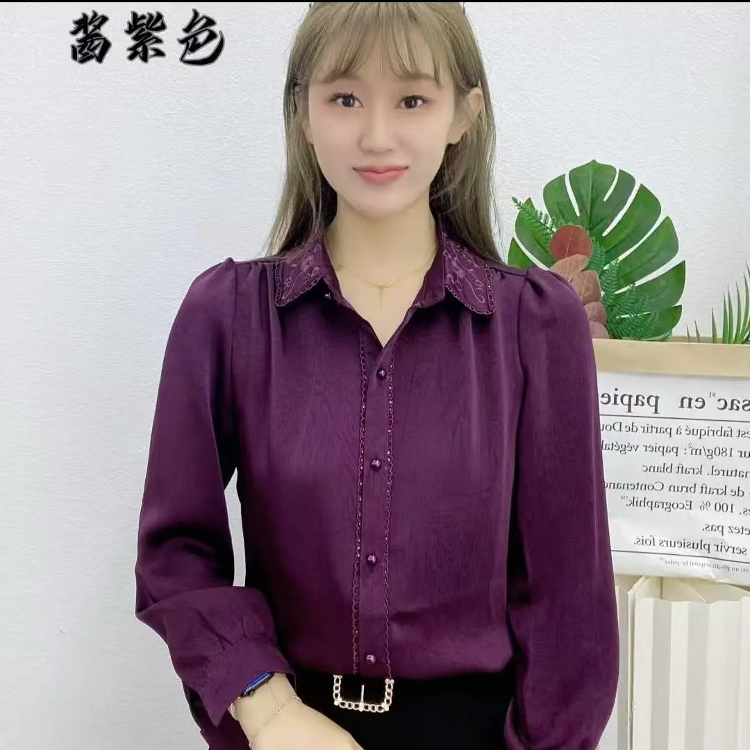 2025秋季新款女士长袖衬衫重工刺绣设计感翻领纯色上衣百搭显瘦