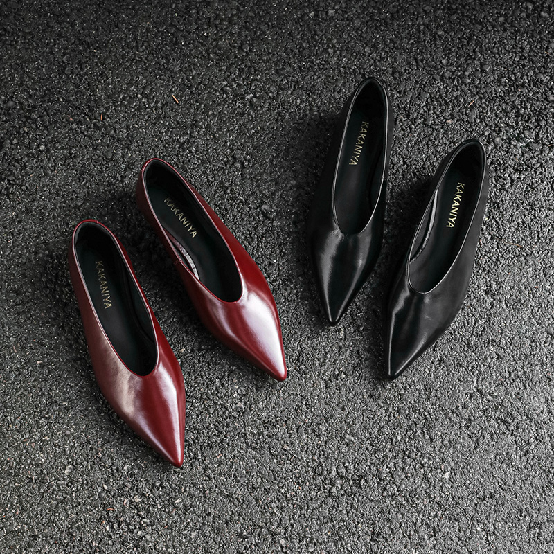 现货 头层牛皮法式酒红色真皮尖头单鞋女秋2025新款尖头低跟女鞋