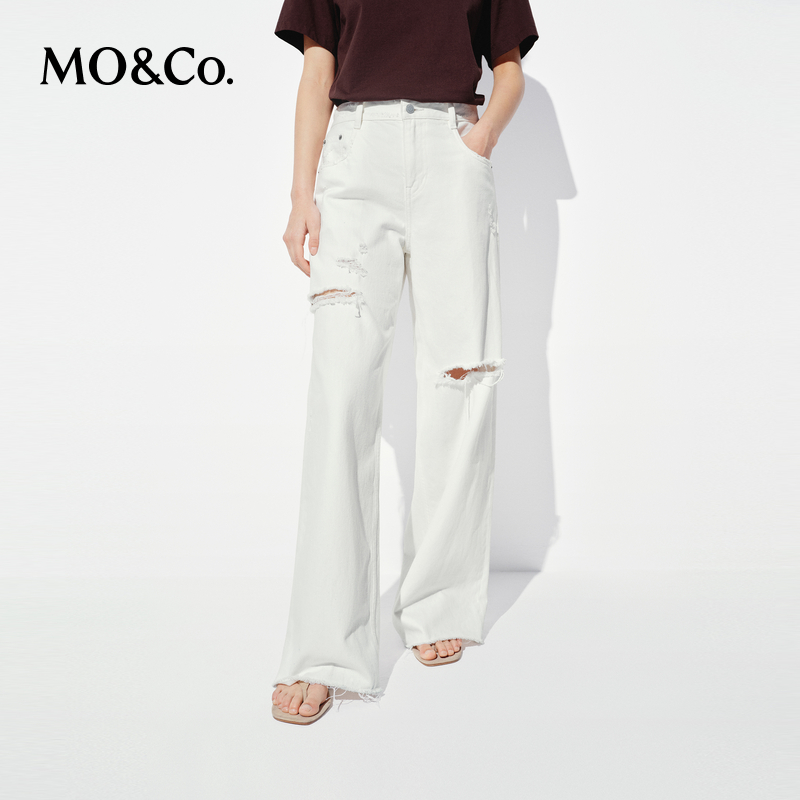 MOCO牛仔裤2025夏新品手磨破洞烂边中低腰直筒白色棉质MBE2JEN004