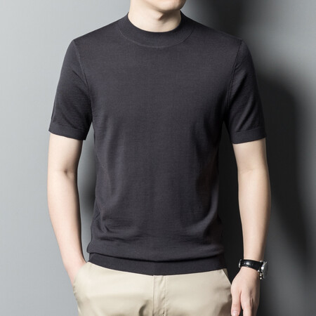 织厘四季【100%绵羊毛】【可机洗】超细支男士针织半袖薄款纯色圆领衫