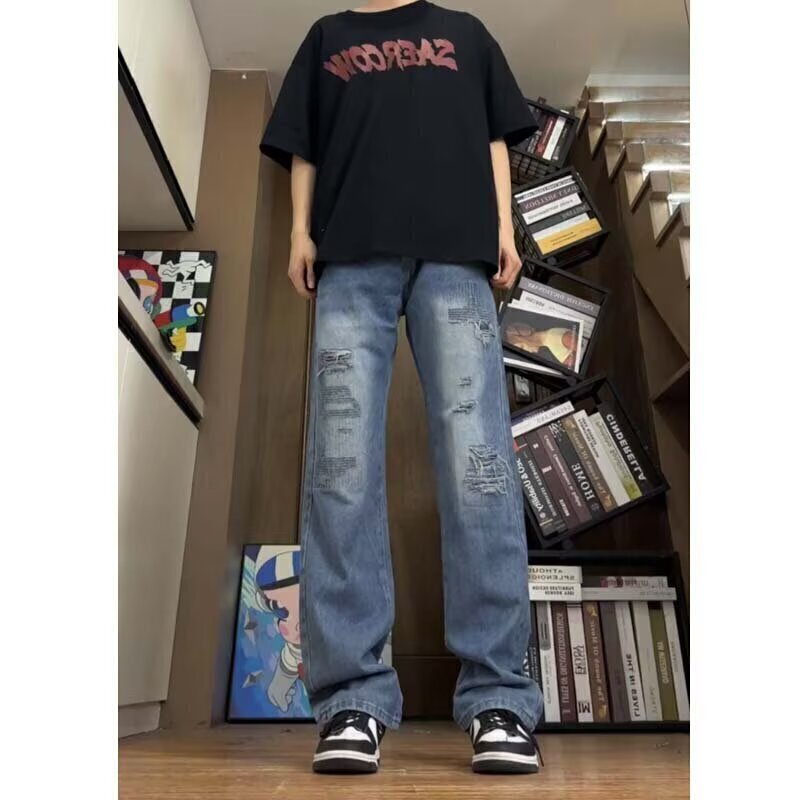 9058港风潮男个性破洞牛仔裤嘻哈ins潮高街潮流痞帅长裤ins