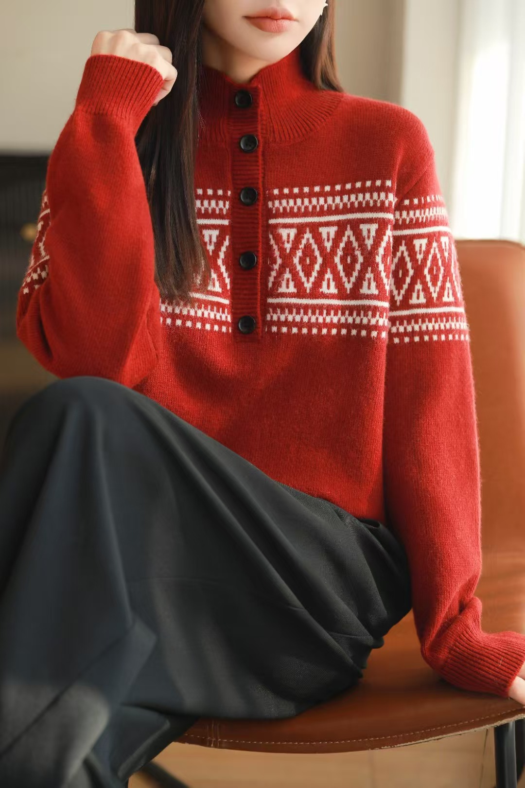 费尔岛提花半高开领毛衣女款2025新款秋冬季爆款气质宽松针织上衣