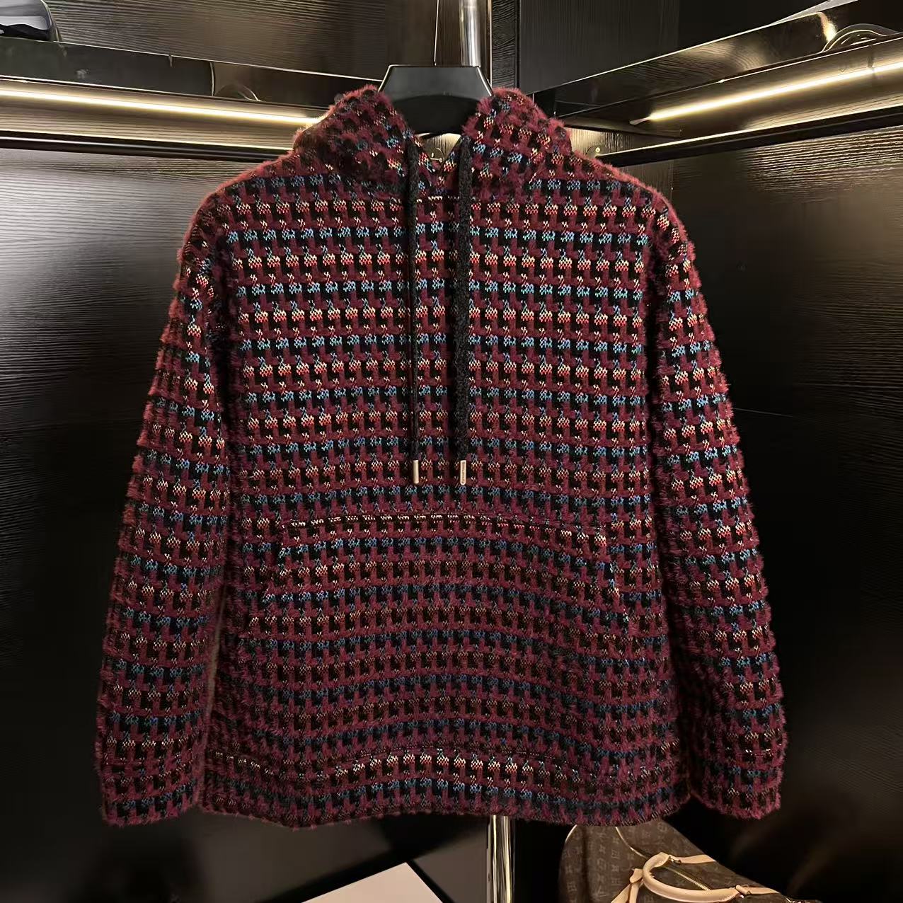 H-男士秋冬新款痞帅男装潮牌绒面撞色格子抽绳连帽卫衣百搭时尚