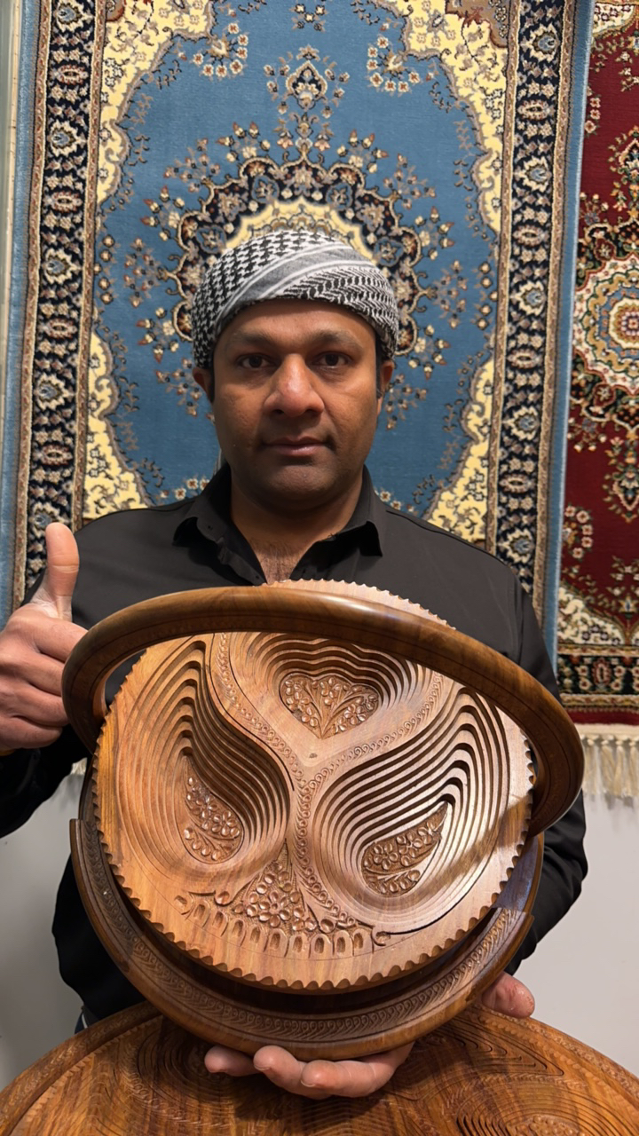 巴基斯坦手工雕刻果篮三格设计30CM黄檀木复古花梨实木干果水果篮