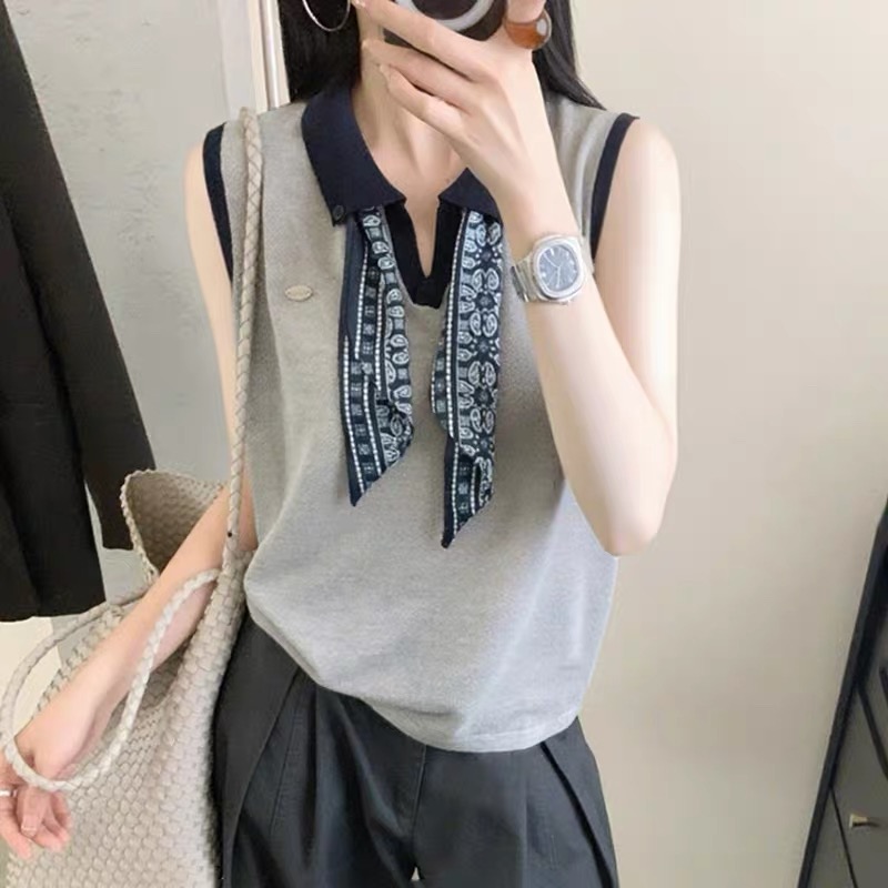 【5609】新款显瘦拼色领带桑蚕丝针织背心女韩版时尚休闲无袖上衣