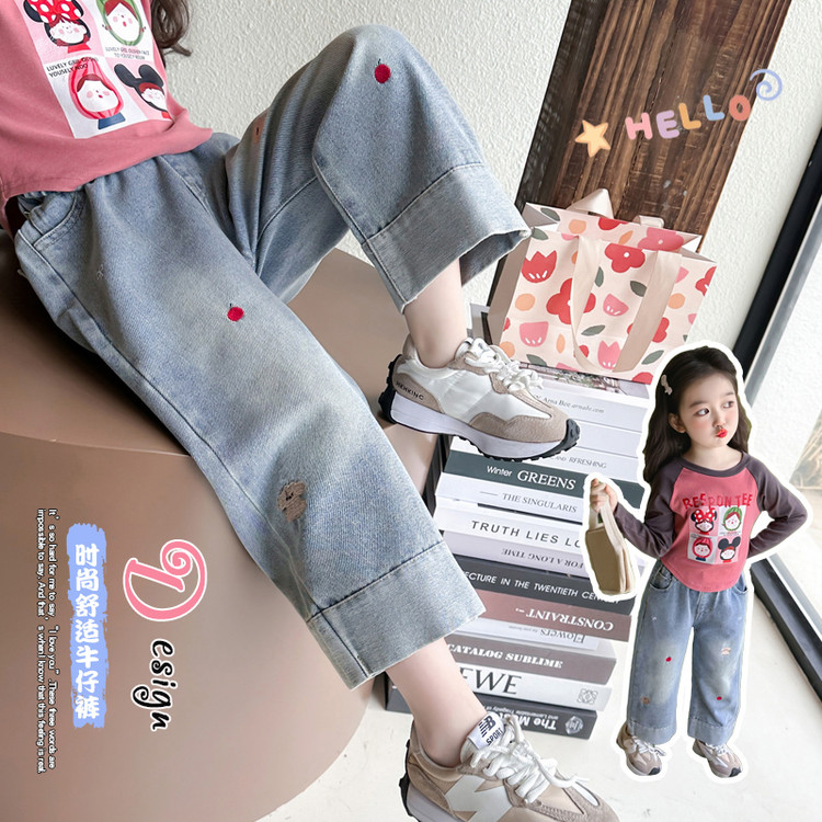 特价 秋季新款女童牛仔裤中小童洋气时尚休闲直筒裤刺绣樱桃小狗