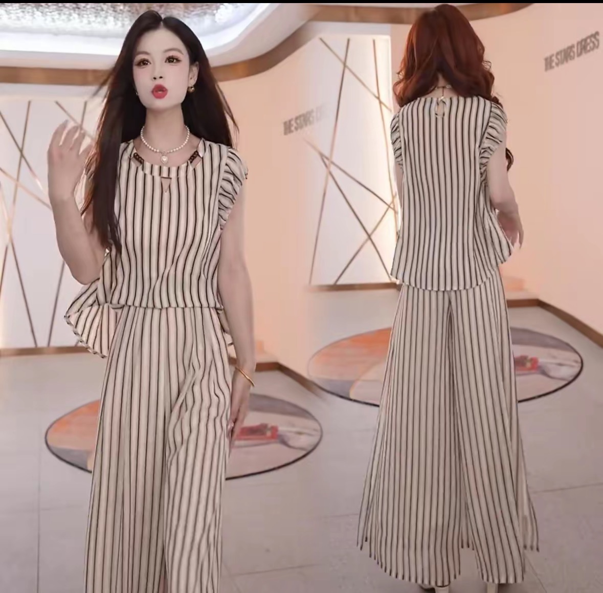 时尚条纹套装女2025夏季新款飞飞袖上衣裤子两件套8981