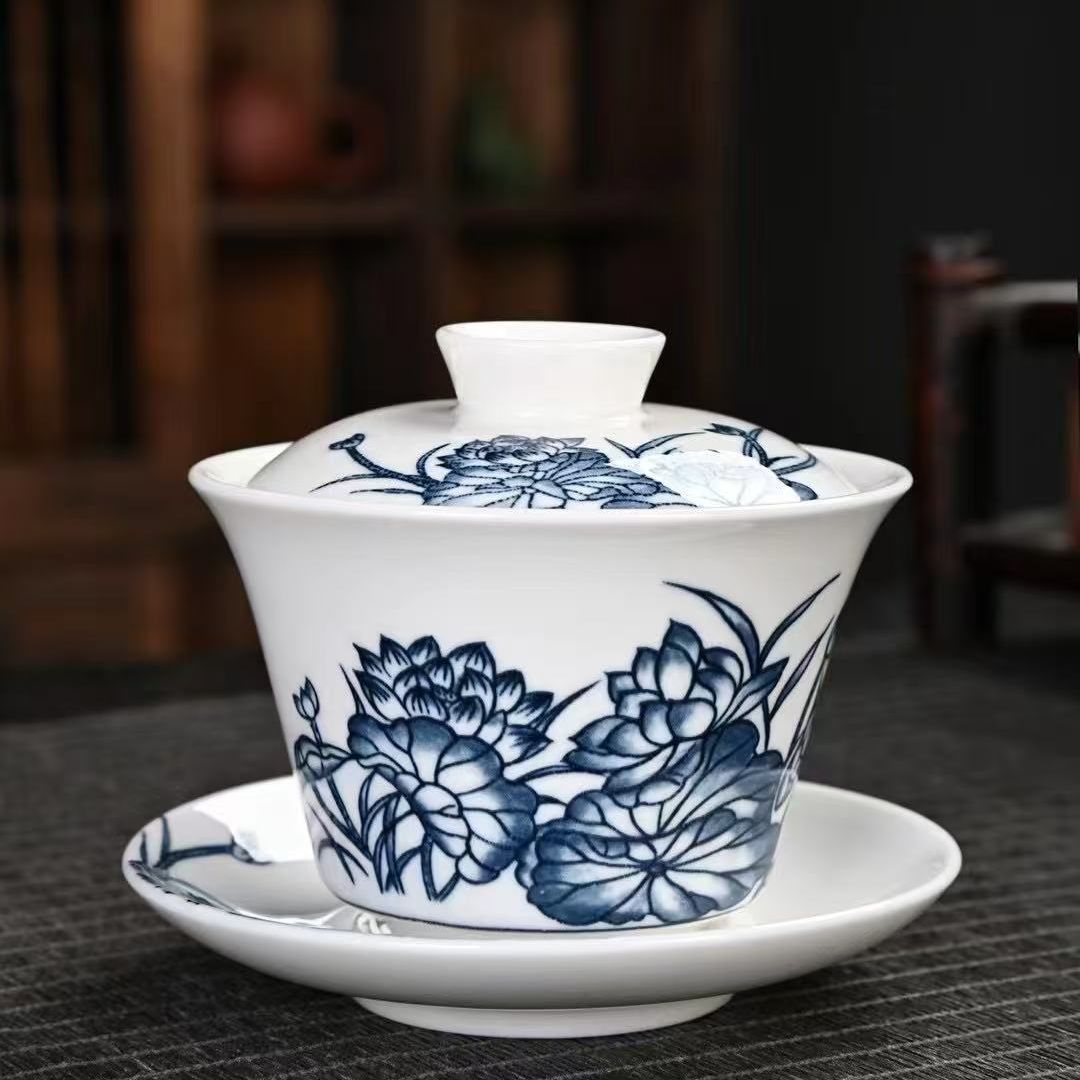 青花荷韵三才悬停盖碗家用可悬停旋转茶碗0743