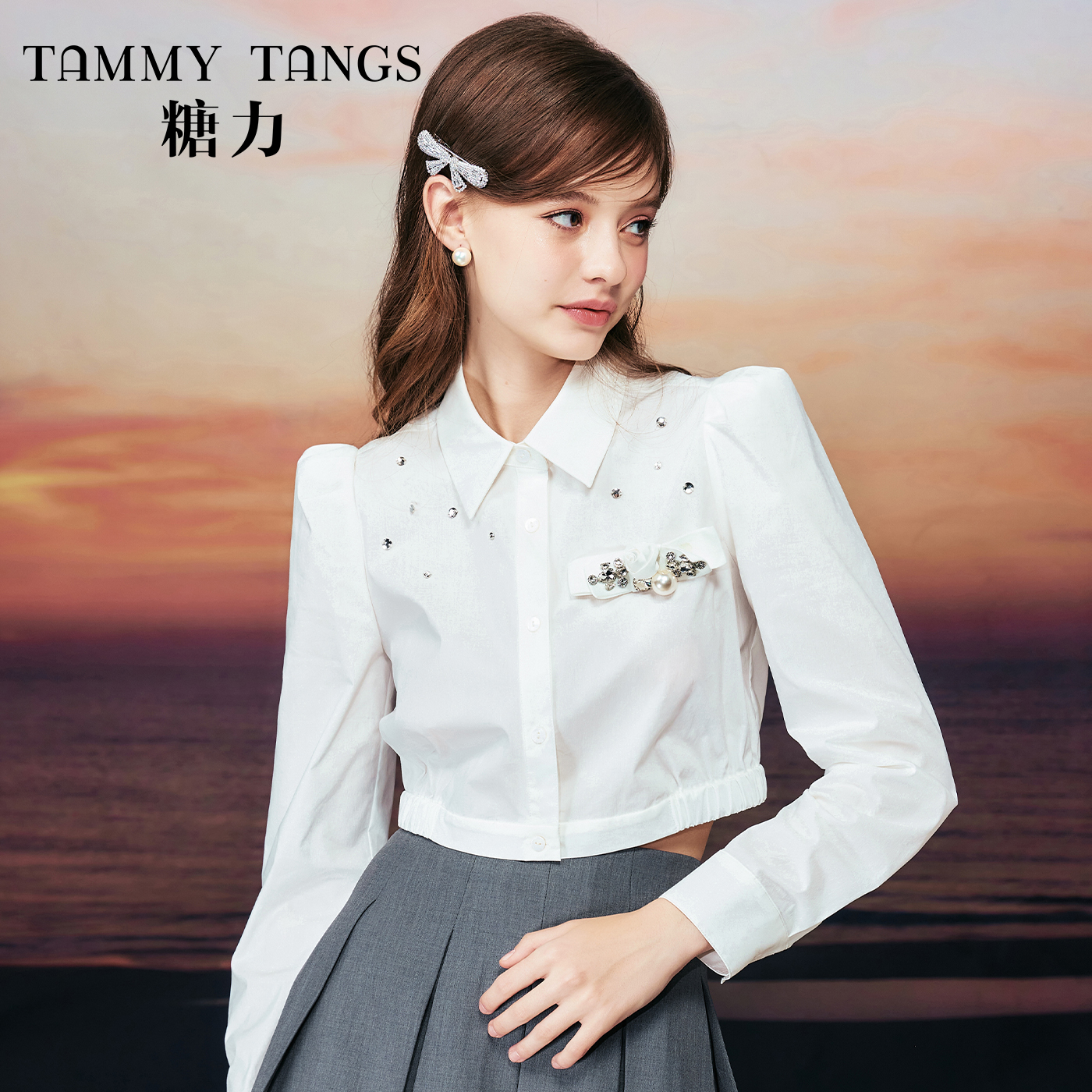 6610【金拐子专属】糖力长袖钻饰衬衫上衣女短款显瘦TWRCS36610