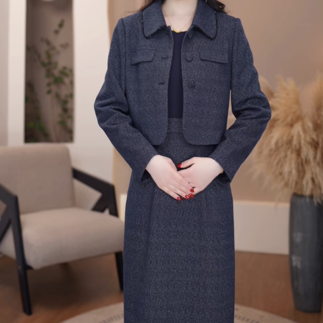 {两件套}2025春秋款气质优雅藏蓝色翻领连衣裙两件套