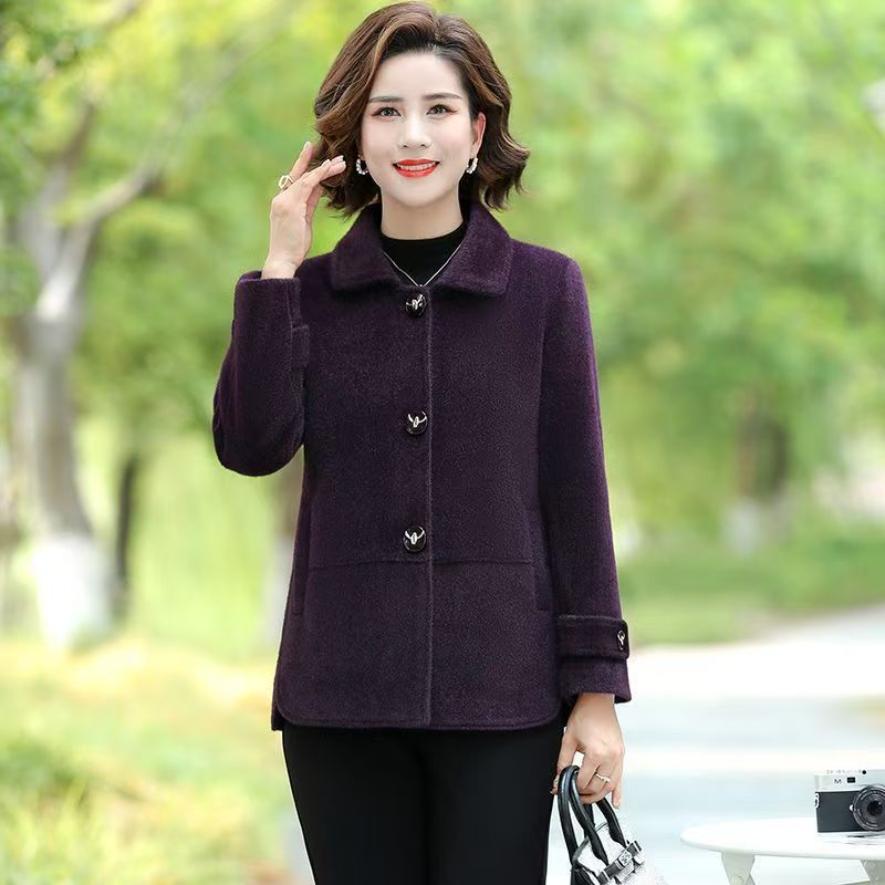 妈妈装秋冬新款中老年女装秋装口袋纯色女装春秋翻领呢子外套405
