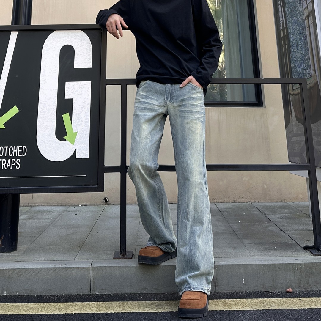 2025秋冬复古美式cleanfit水洗浅蓝牛仔裤男女高街宽松直筒微喇裤